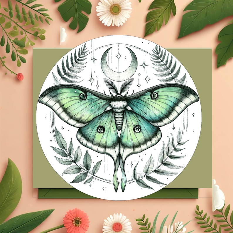 May include: A green and white luna moth with a crescent moon and stars in the background. The moth is surrounded by fern leaves and vines.