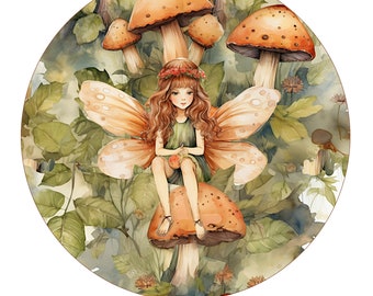 Mushroom Fairy PNG Cottage Core Printable Fairy Sticker 8 Inch Diameter Transparent Background Forest Fairy Graphics Mushroom Art Wall Decor