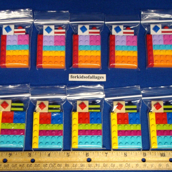 10 Party Favors / Giveaways -- Lot of 10 Bags of Lego Bricks -- Blue, Red, Yellow+