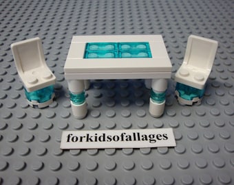 Custom Built Toy Furniture: "Glass" Top White Table & Chairs -- Made with genuine Lego Pieces