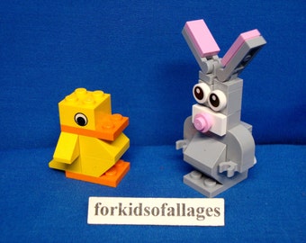 Easter Chick and Bunny Rabbit Built of Lego Pieces - Great for Easter Basket / Party Favors / Easter Egg Hunt