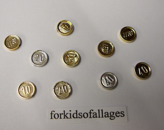10 Lego Chrome Coins (Marked 10, 20, 30, 40) - Minifigure Accessory Money Gold Treasure