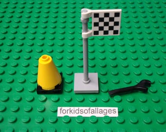 Lego Checkered Flag, Traffic Cone, Tool -- Race Car Accessories Pack
