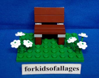 Lot of Lego Pieces: Park Bench with White Flowers & Green Plate -- City / Town / Train