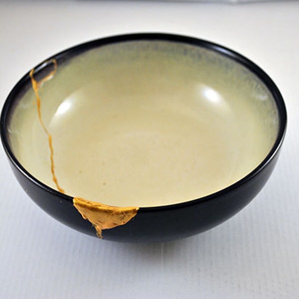 6" Soft Beige and Black Stone Bowl mended with 2 Gold Seams - Kintsugi / Kintsukuroi Art