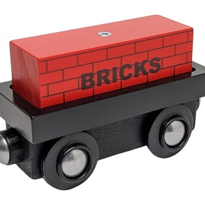 Bricks Cargo Car Wooden Train - Compatible w/ all magnetic wooden trains, track sets - Thomas, Brio, Ikea, Bigjigs, Melissa & Doug -Gift