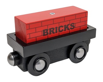 Bricks Cargo Car Wooden Train - Compatible w/ all magnetic wooden trains, track sets - Thomas, Brio, Ikea, Bigjigs, Melissa & Doug -Gift