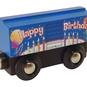 Blue Birthday Wooden Train Boxcar - Compatible w/ all magnetic wooden trains, track sets - Thomas, Brio, Ikea, Bigjigs, Melissa & Doug -Gift