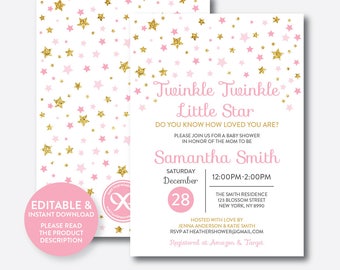 Instant Download, Editable Twinkle Twinkle Little Star Baby Shower Invitation, Pink and Gold Invitation, Gold Glitter Invitation (GBS.05)