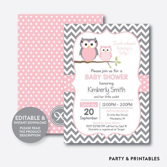 Instant Download, Editable Owl Baby Shower Invitation, Pink Owl Invitation, Girl Baby Shower, Owl Baby Sprinkle, Girl Gray Chevron (SBS.44) Il_570xn
