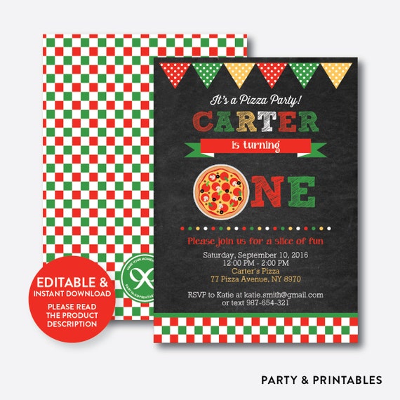 Instant Download, Editable Pizza Birthday Invitation, Pizza Invitation, One Birthday Invitation, First Birthday Invite, Chalkboard (CKB.86B) Il_570xn