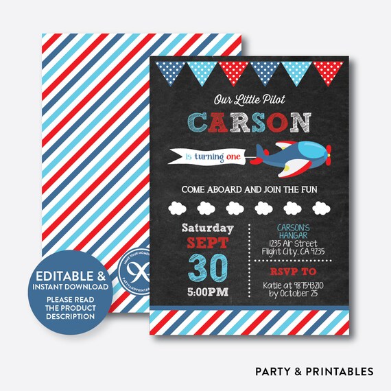 Instant Download, Editable, Airplane First Birthday Invitation, Airplane Invitation, Pilot Birthday Invitation, Boy, Chalkboard (CKB.95) Il_570xn