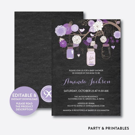 Instant Download, Editable Mason Jar Baby Shower Invitation, Mason Jar Invitation, Purple Mason Jar, Baby Sprinkle, Chalkboard (CBS.33) Il_570xn