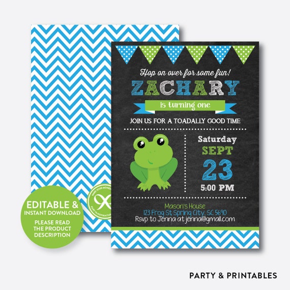 Instant Download, Editable Frog Birthday Invitation, Frog Invitation, Frog Party Invitation, Boy Birthday Invitation, Chalkboard (CKB.316) Il_570xn