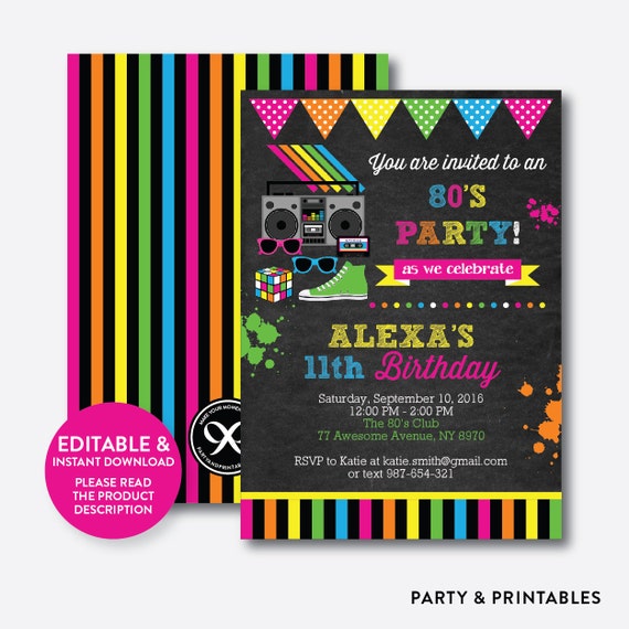 Instant Download Editable 80s Birthday Invitation 80s Invitation