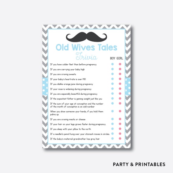 Instant Download Mustache Old Wives Tales Baby Gender Prediction Game 