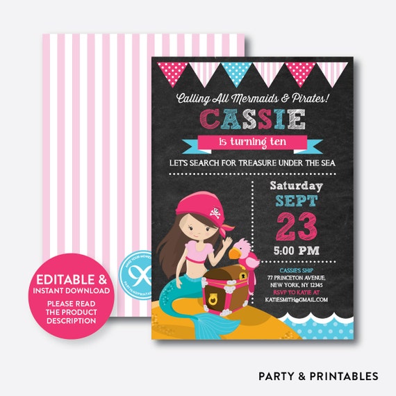 Instant Download, Editable Pirate Mermaid Birthday Invitation, Pirate Invitation, Mermaid Invitation, Under The Sea, Chalkboard (CKB.46) Il_570xn