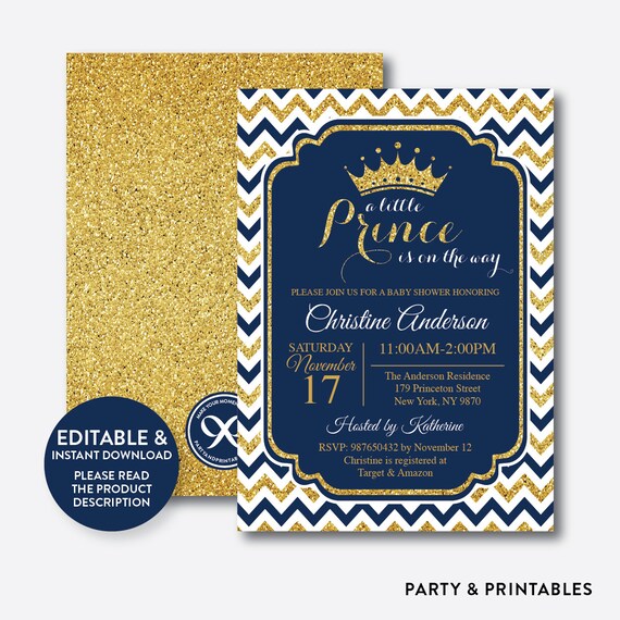 Instant Download, Editable Prince Baby Shower Invitation, Prince Invitation, Boy Baby Shower, Gold Glitter Invitation, Navy Chevron (GBS.04) Il_570xn