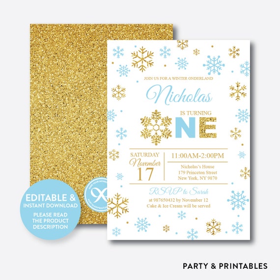 Instant Download, Editable Winter Onederland Birthday Invitation, Winter Wonderland Invitation, First Birthday, Blue and Gold, Boy (GKB.03B) Il_570xn