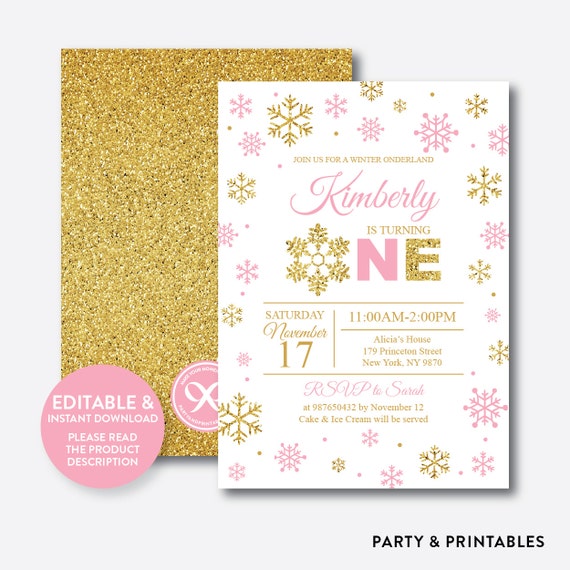 Instant Download, Editable Winter Onederland Birthday Invitation, Winter Wonderland Invitation, First Birthday, Pink and Gold, Girl(GKB.01B) Il_570xn