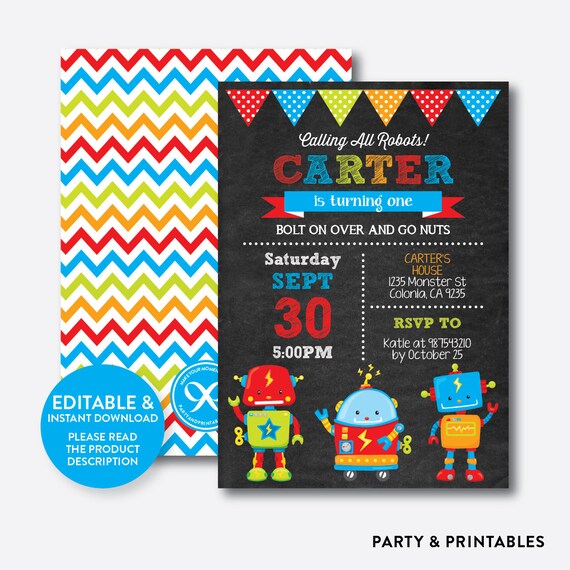 instant download editable robot birthday invitation robot robot party invitations