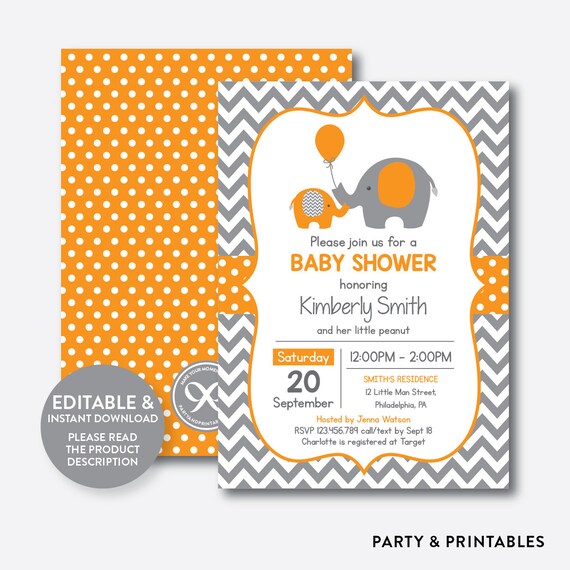 Instant Download, Editable Elephant Baby Shower Invitation, Orange Elephant Invitation, Little Peanut, Baby Sprinkle, Orange Chevron(SBS.39) Il_570xn