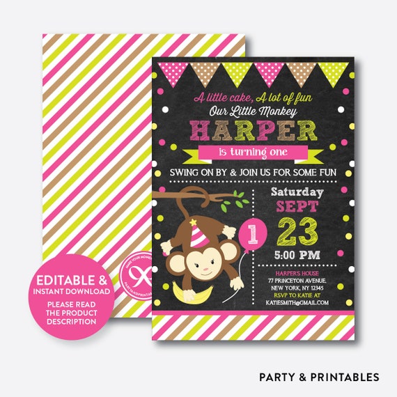 Instand Download, Editable Monkey Birthday Invitation, Little Monkey Invitation, First Birthday Invitation, Pink Monkey, Chalkboard (CKB.24) Il_570xn