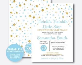 Instant Download, Editable Twinkle Twinkle Little Star Baby Shower Invitation, Blue and Gold Invitation, Gold Glitter Invitation (GBS.06)