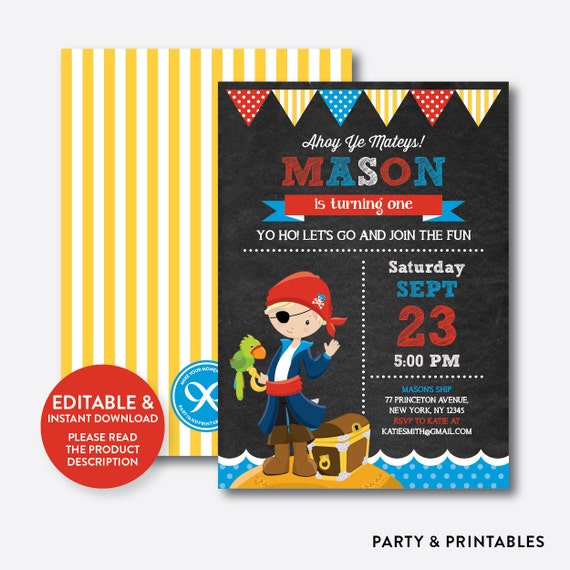 Instant Download, Editable Pirate Birthday Invitation, Pirate Invitation, Pirate Party Invitation, Pirate Boy Invitation,Chalkboard(CKB.47D) Il_570xn