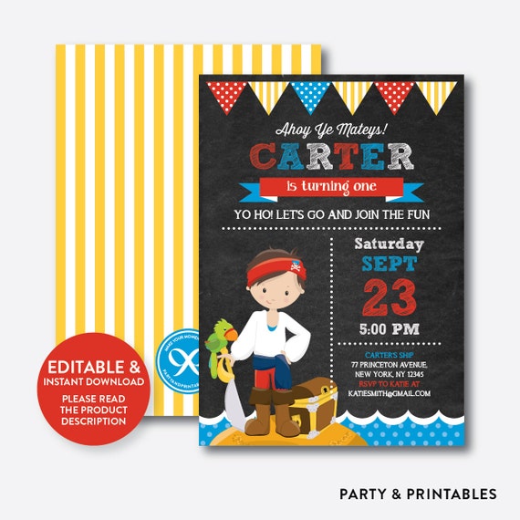 Instant Download, Editable Pirate Birthday Invitation, Pirate Invitation, Pirate Party Invitation, Pirate Boy Invitation, Chalkboard(CKB.48) Il_570xn
