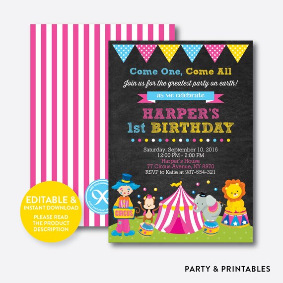 instant download editable circus birthday invitation circus circus invitation