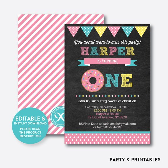 Instant Download, Editable Donut Birthday Invitation, Donut Invitation, One Invitation, Girl First Birthday Invitation, Chalkboard (CKB.10B) Il_570xn