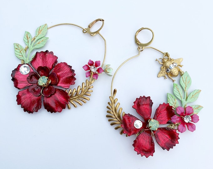 Unique. Enamel flower earrings Flower hoop earrings Statement earrings Bumble bee earrings Boho earrings Summer blossom earrings