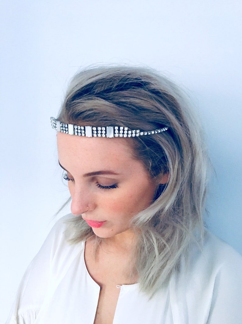 Unique Bride. Modernist Headpiece 1950s Wedding Headpiece Vintage Bridal Tiara Mother of Pearl Tiara Crystal Tiara
