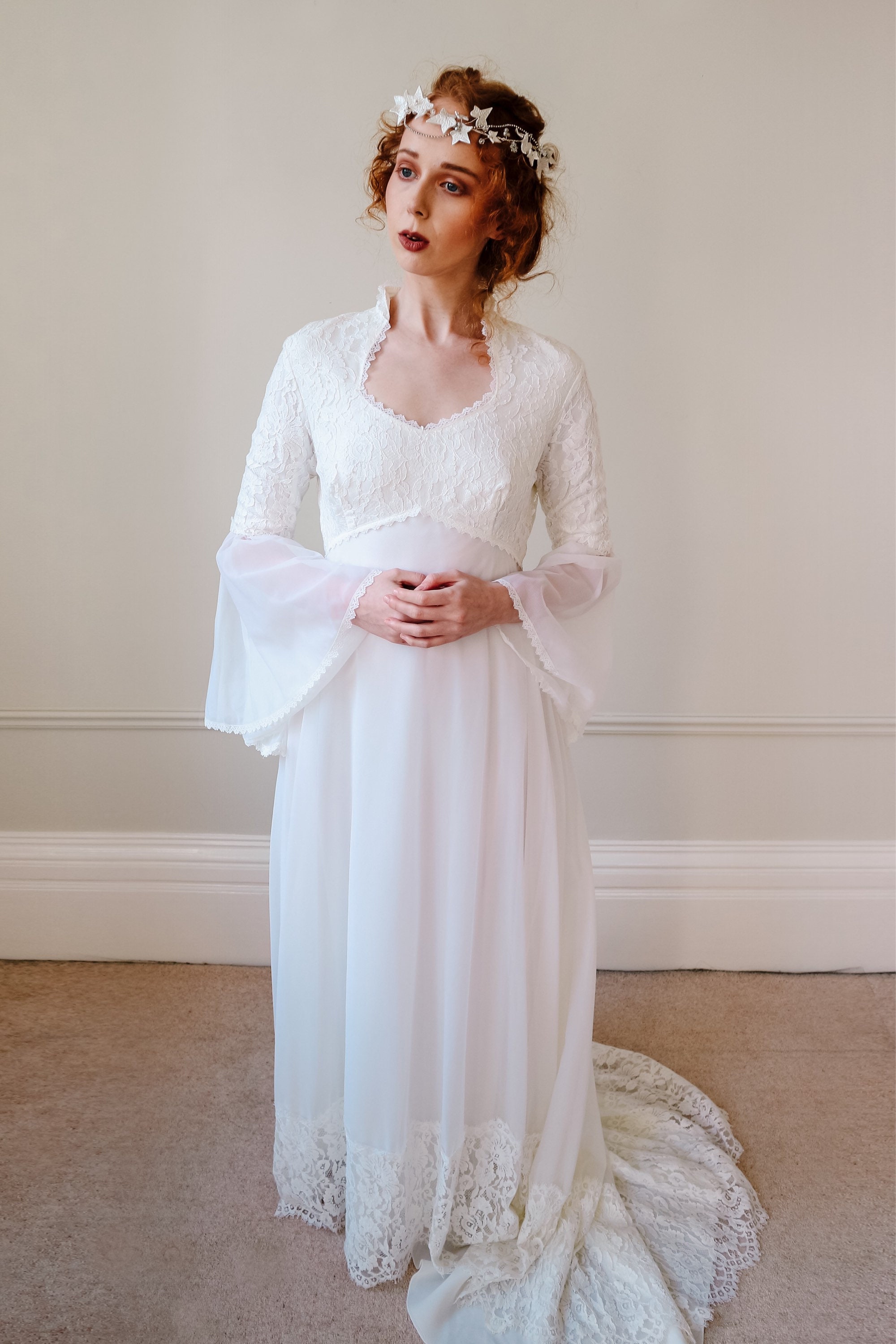 Wedding Dress. Vintage Lace Bridal Gown. Boho 1970s Chiffon. - Etsy UK