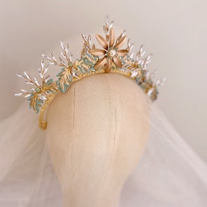 Statement tiara. Gold green bridal tiara. Bold flower crown. Unique wedding tiara. Cool bride. Leafy flower headpiece. image 2