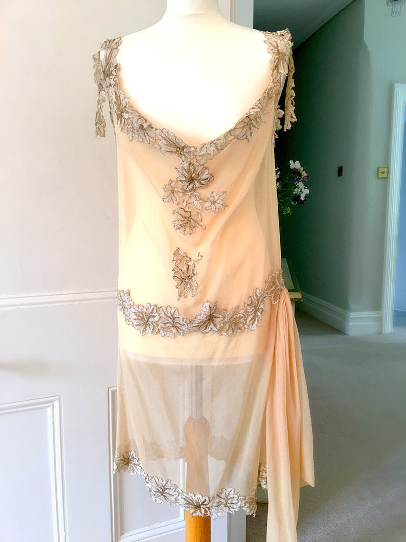 Stunnng Metallic Lace Trim Gown Georgette Dress Vintage Gatsby Dress Roaring Twenties Antique Wedding Dress 1920s Flapper Dress