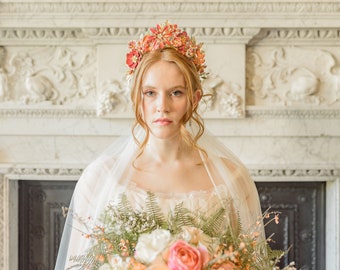 Floral Bridal Crown. Ceramic Vintage Tiara. Statement Wedding Crown. Bright Flower halo. Pink orange red yellow Tiara. OOAK headpiece.