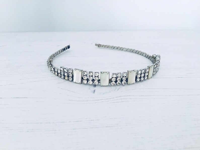 Unique Bride. Modernist Headpiece 1950s Wedding Headpiece Vintage Bridal Tiara Mother of Pearl Tiara Crystal Tiara