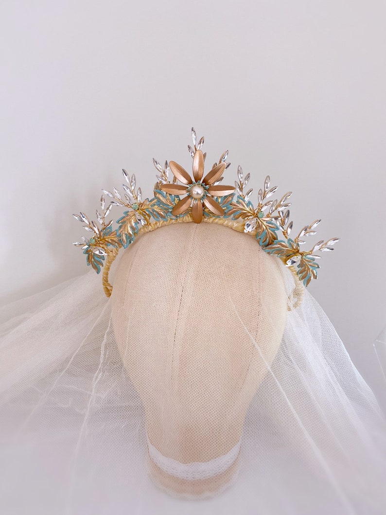 Statement tiara. Gold green bridal tiara. Bold flower crown. Unique wedding tiara. Cool bride. Leafy flower headpiece. image 1