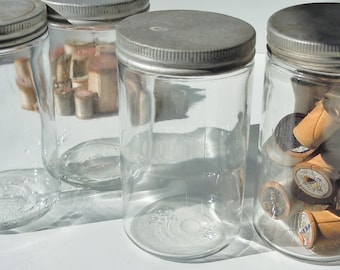 Vintage Clear Glass Jars / Collection of 4  / Wide-mouth  with Aluminum lids / Great for Display and Collecting