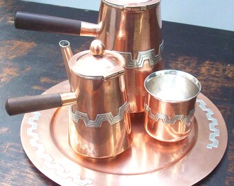 Sterling and Copper Chocolate Set / Coffee or Tea  / Sterling Lined / Victoria Silver Studio / 1973 / Taxco, Mexico