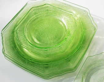 Depression Glass  / 7 Plates / 4 Large and 3 smaller/ Nice Shade of Green