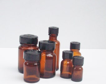 Apothecary Bottles from Merck / Brown Glass with Black Lids Assorted Sizes / Empty and Clean