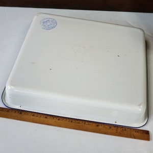 White Rectangular Pan with Blue edge / Good Usable Condition / Photo Tray / Enamelware at its best image 8