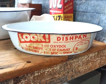 Enamelware Tub / 18" Oval Shaped / White Enamel with Black Edge /  Great Washtub / Rounded Rim / Old Laundry Promotion