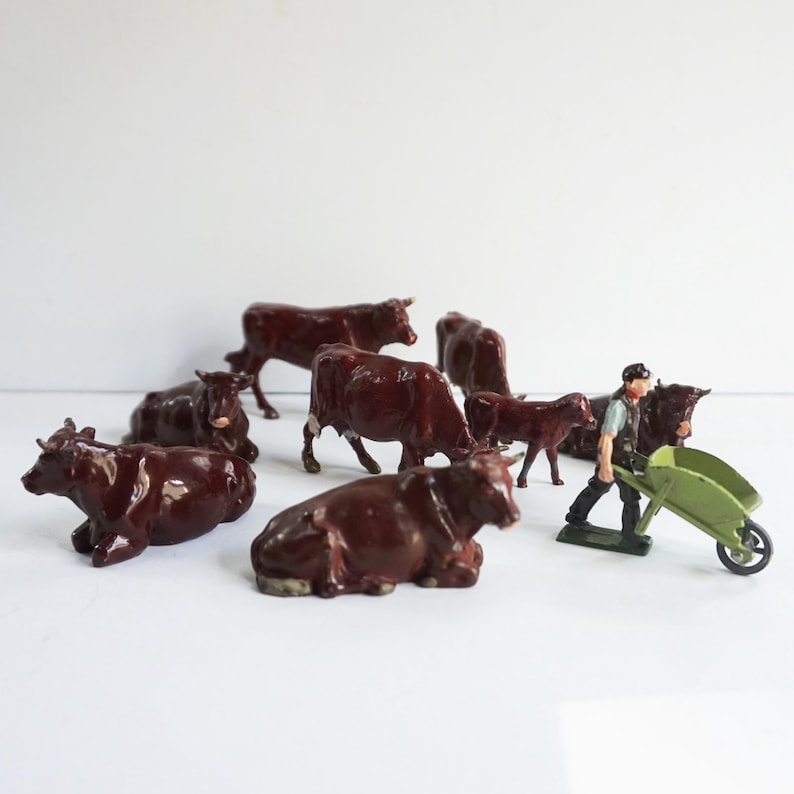 Cows / 8 Brown Cattle and Their Keeper / Tiny Toy Farm Figures From a ...