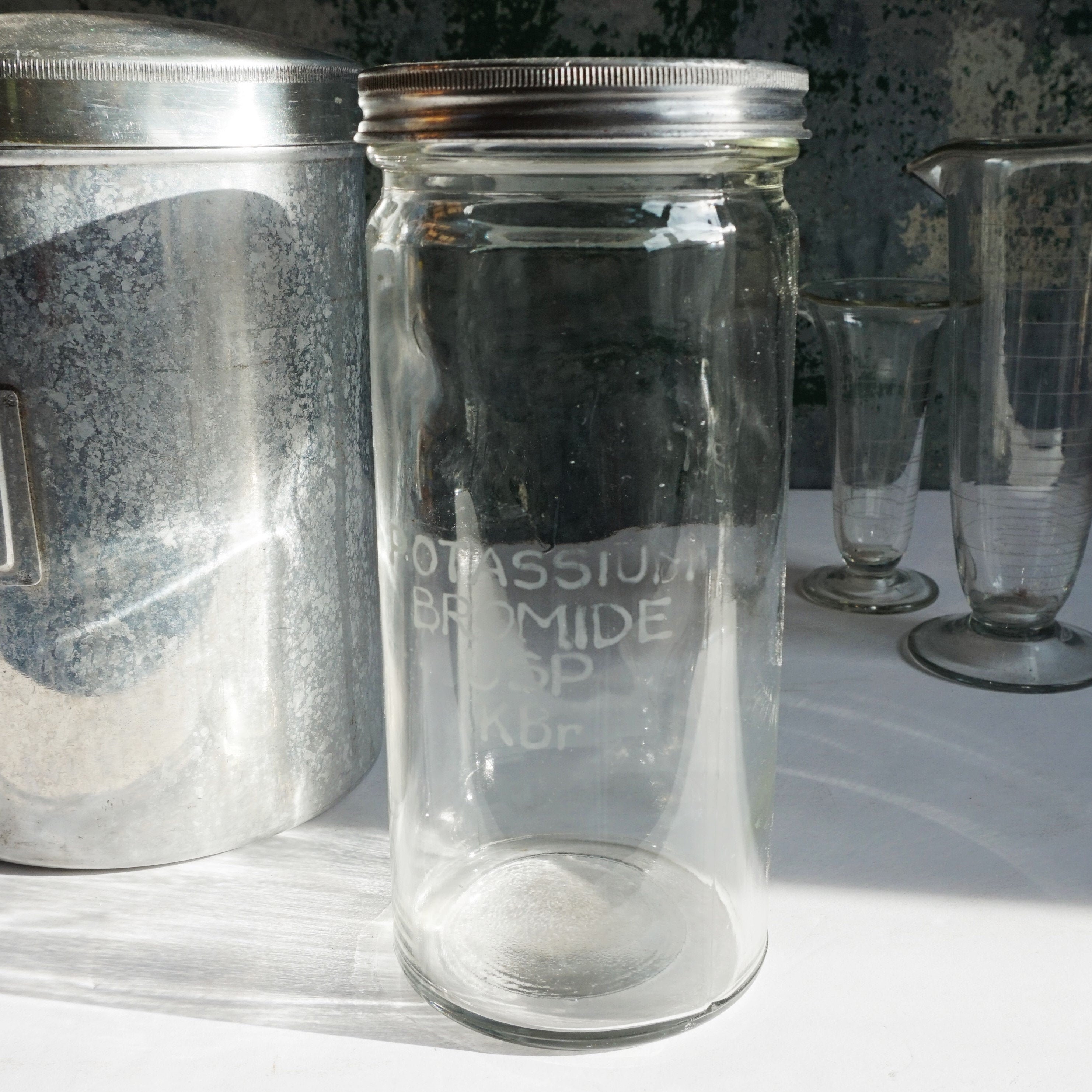 Clear Heavy Glass Jar/Etched With "Potassium Bromide" Great Science Display 8 1/2" Tin Lid