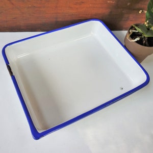 White Rectangular Pan with Blue edge / Good Usable Condition / Photo Tray / Enamelware at its best image 6