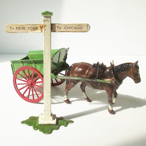 Antique Horse Drawn Wagon and Sign Post / Toy Farm Scene / Charming Figures